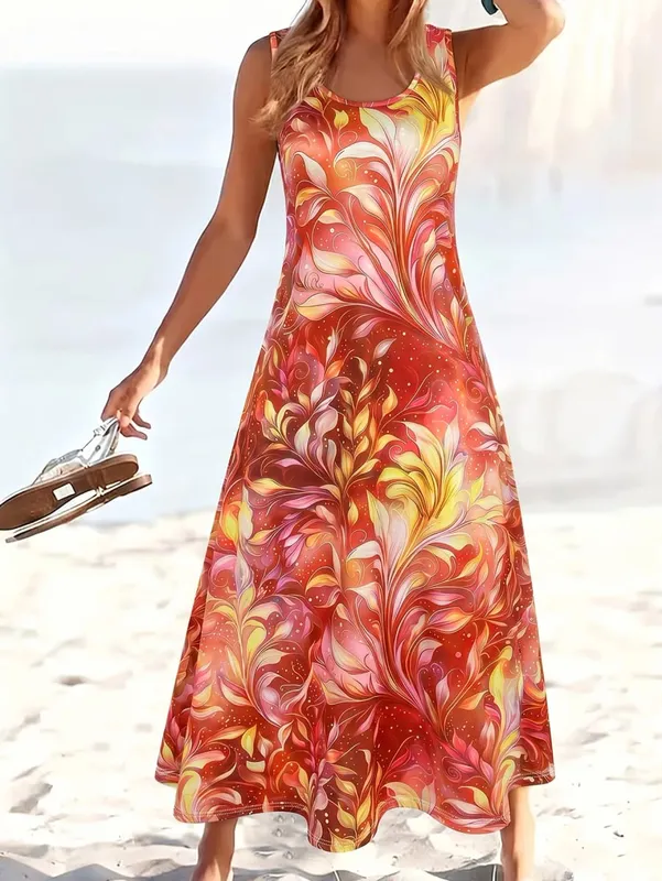 Dresses for Woman Vest Dress Beach Holiday Round Neck Sleeveless A-Line Long Skirt Starry Iridescent Floral Gradient Print 2026 — image 3