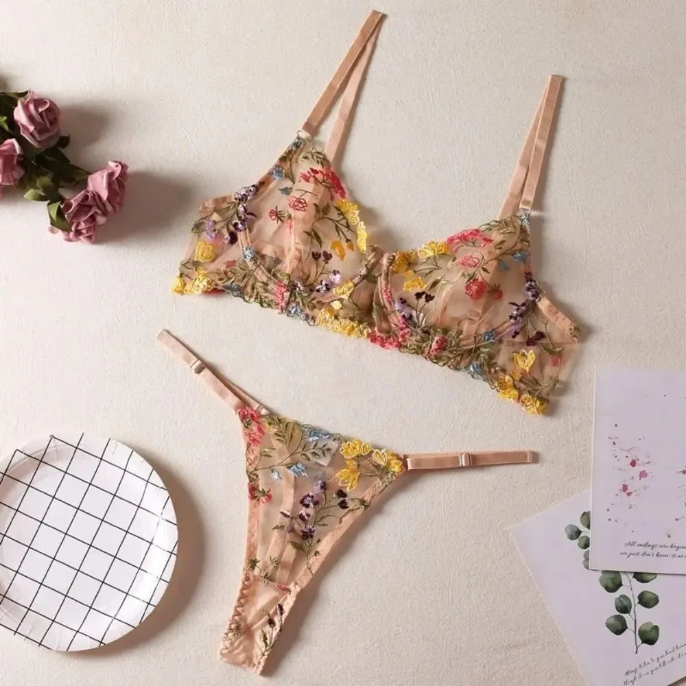 Bohemia Transparentes Dessous-Set, ultradünn, elegante Stickerei, Blumenunterwäsche, Push-Up-BH, Anzug, Flitterwochen