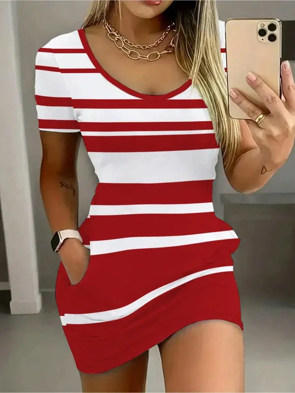 Elegant Casual round Neck Solid Color Striped Color Block Pocket Short Sleeve Mini Skirt Long Dress Comfortable
