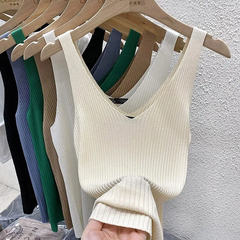 Zjaiss 2026 Summer Fashion Women Camisole Ice Silk Knit Tank Top Slim Fit Sleeveless Base Top Solid Color V-Neck Crop Top — image 12