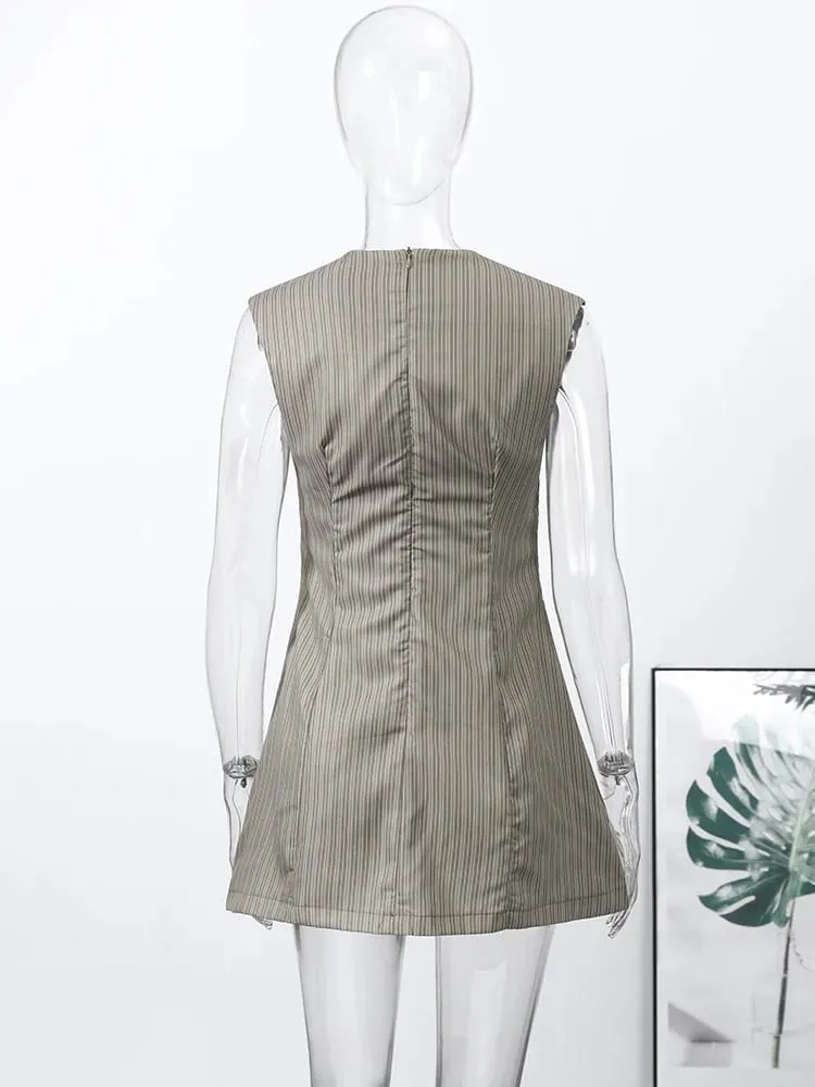 Casual Stripe Sleeveless Mini Dresses Women's Slim Waist-cinching V-neck Dress 2026 New Ladies Spring Summer Solid Outwear — image 5