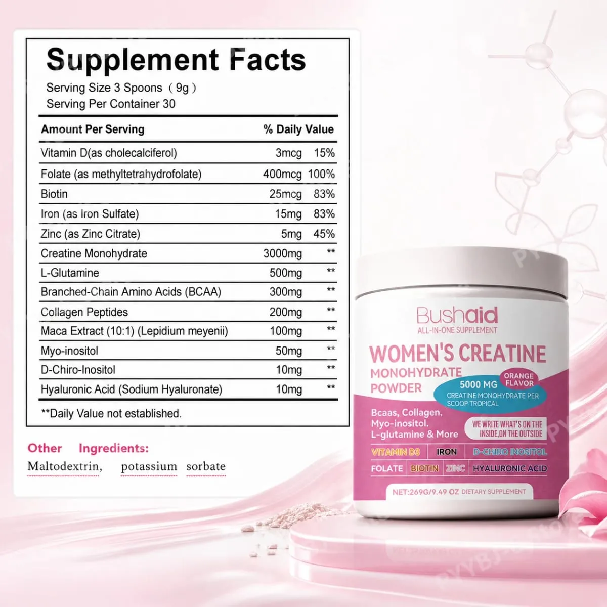 BushAid Women's Creatine Monohydrate Powder 5000mg 269G Orange Flavor with BCAA Muscle Strength Workout Support 30 Servings — image 3