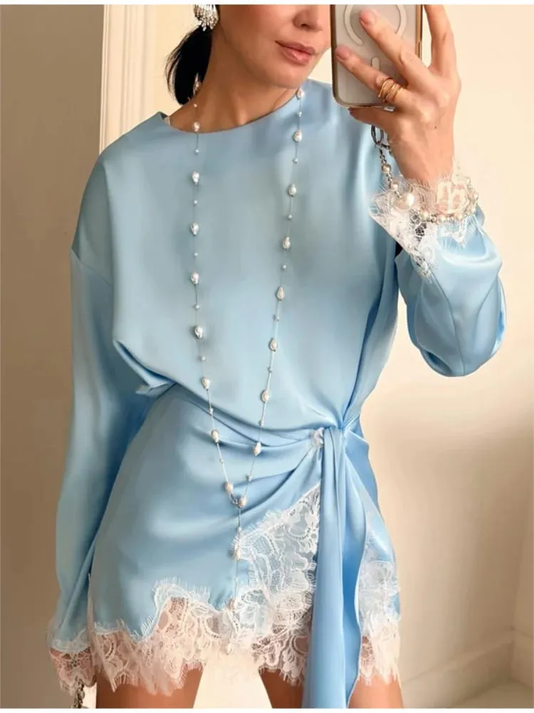 Women Elegant Lace Patchwork Lace-up Dress Solid Round Neck Full Sleeve Satin Loose Mini Dresses 2026 Spring Party Club Vestido — image 2
