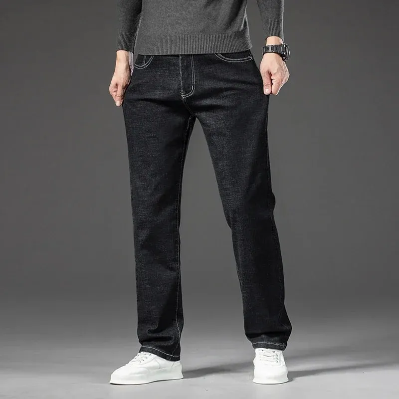 2025 Forår Efterår Mænds Lige jeans Denimbukser Klassisk stil Business Stretch Casual Bukser Large Størrelse 40 42 44 46