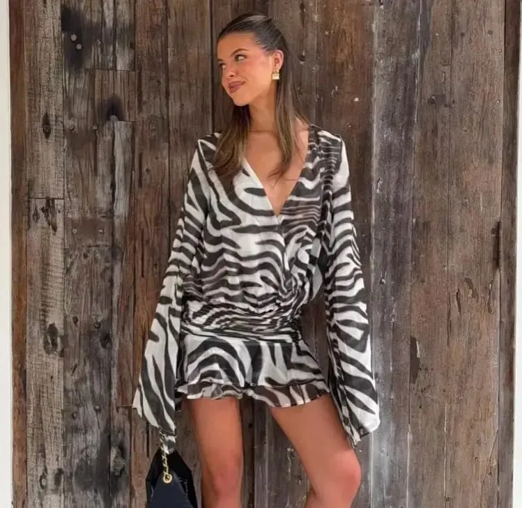 Women's Zebra Print Long Sleeve Mini Dress Zebra Print Long Sleeve Mini Dress Party Club Zebra Print Ruffle Dress Summer 2026 — image 3