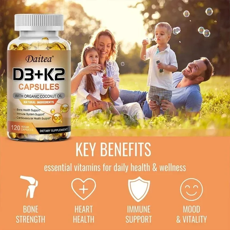 Cápsulas veganas de vitamina D3 K2 - Aceite de coco orgánico - Suplemento diario para un sistema inmunológico y huesos saludables Sin gluten ni soja