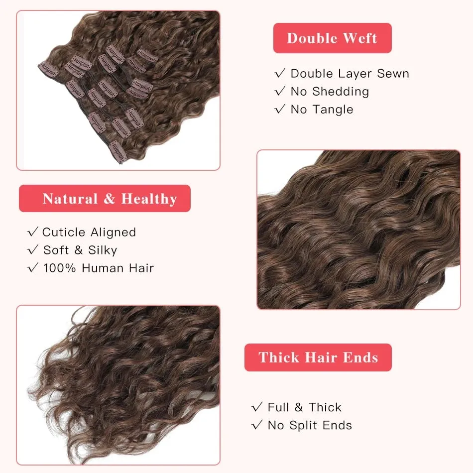 12A Curly Clip in Hair Extensions Brown Water Wave Real Remy Human Hair Clip in Extensions for Women Curly Clip Ins 7pcs 120g — image 3