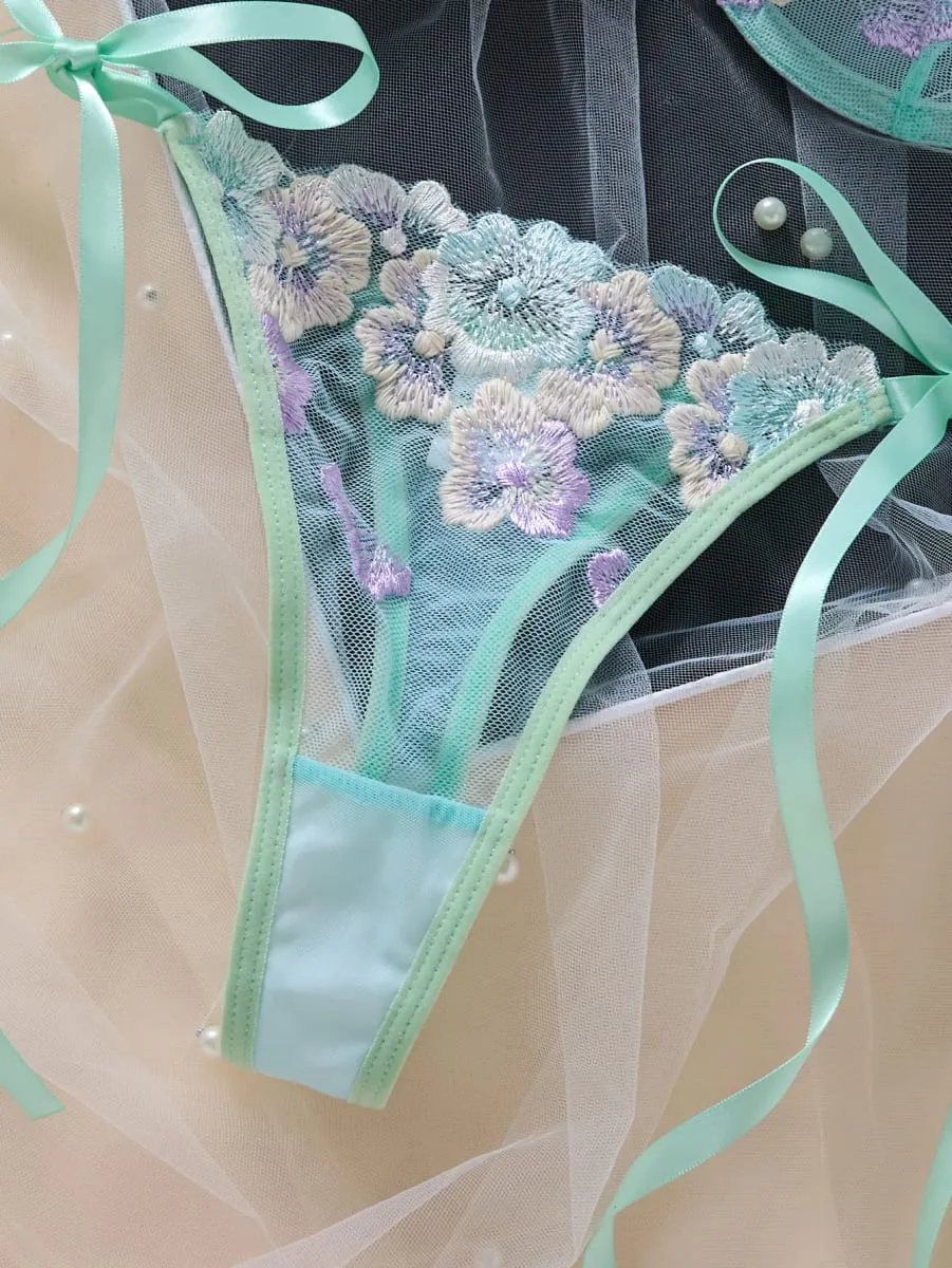 Women Sweet Flower Embroidered Lace Bra Set With Underwire Transparent Mesh Side Bow Panties Romantic Lingerie S-XL Sizes — image 3