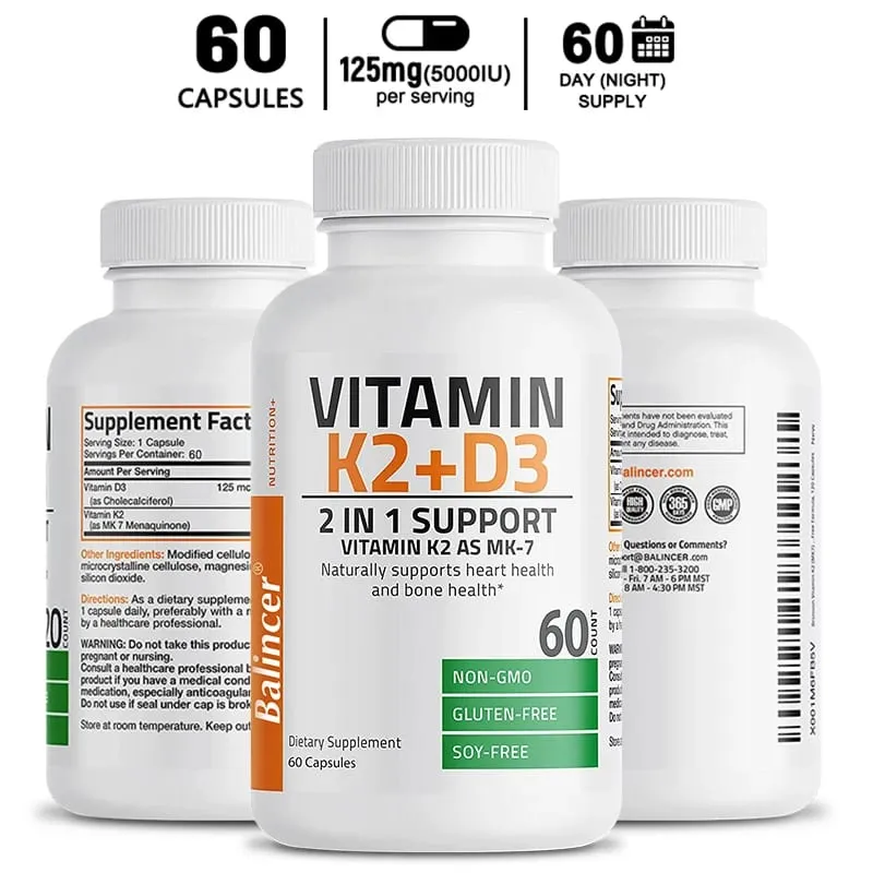 D3+K2 Vitamin D3 5000IU and 90 Mcg Vitamin K2 (MK-7) Vegan Capsules for Bone Density teeth skin heart Health and Immunity