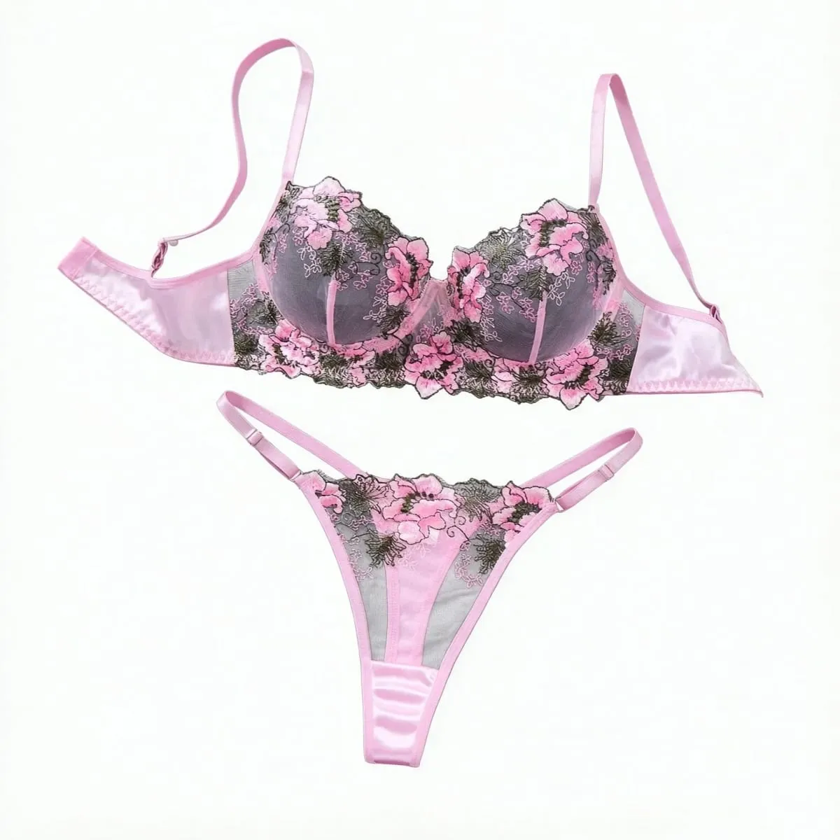 Elegant Pink Floral Embroidered Lace Lingerie Set Women Push Up Bra Thong Mesh Satin Romantic Intimate Underwear ZA825146 — image 2