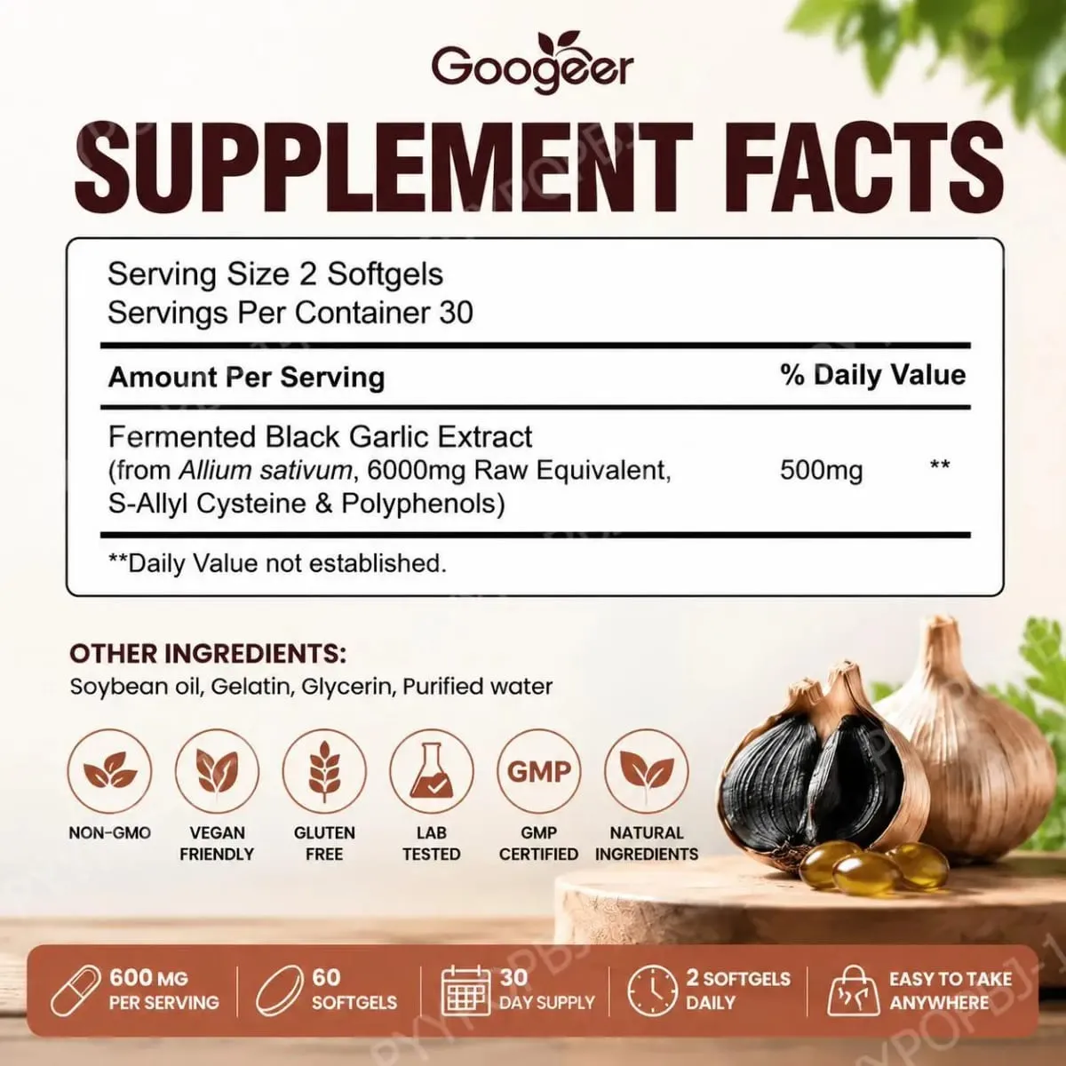 Googeer Fermented Black Garlic Extract Softgels with Antioxidant Protection and S-Allyl Cysteine & Polyphenols 60 Softgels