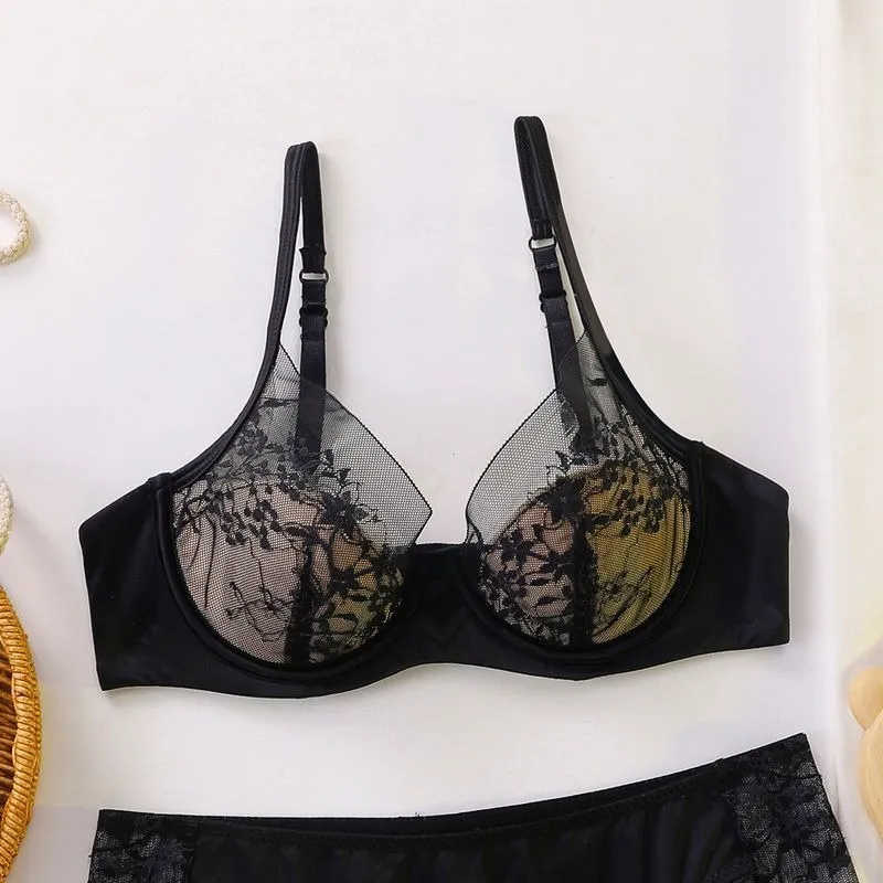 Women Bra and Panty Set Elegant Lace Bralette Wireless Triangle Cup No Underwire Underwear Thin Gathered Comfort Lingerie Set — image 5