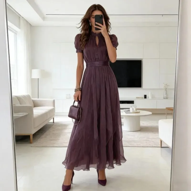 Elegant Chiffon Lace Trim Midi Dress Stand Collar Neck Puff Sleeve Cinched Waist Draped A Line Flowy Women's Casual Dresses — image 2
