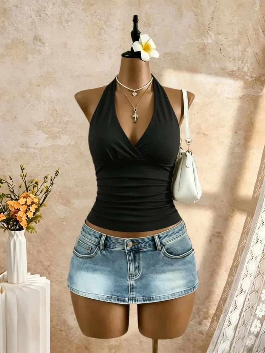 Women Halter Deep V Neck Wrap Front Side Ruched Waist Sleeveless Crop Cami Top Solid White Slim Fit Summer Beach Vacation Casual — image 7