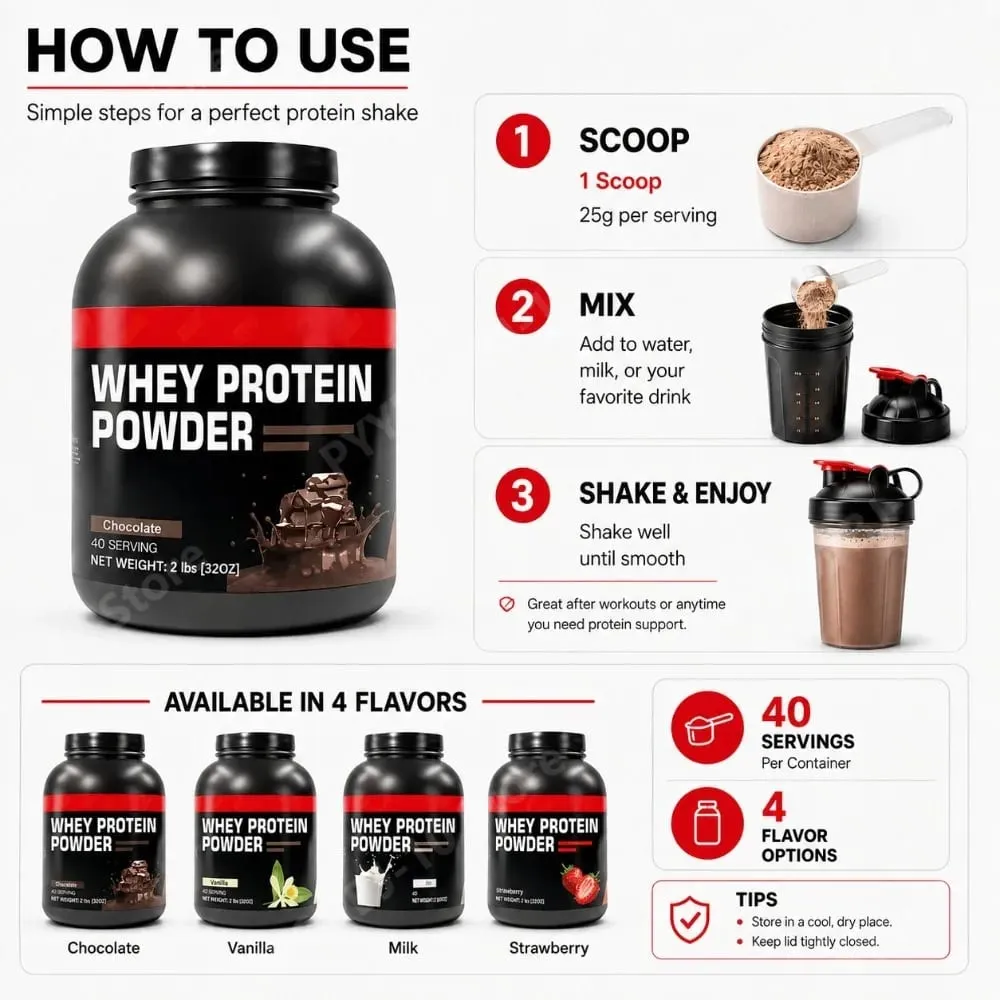 Whey Protein Powder Concentrate 20G Protein Supports Muscle Growth & Recovery Chocolate Vanilla Strawberry Milk 40 Servings 1kg — image 7
