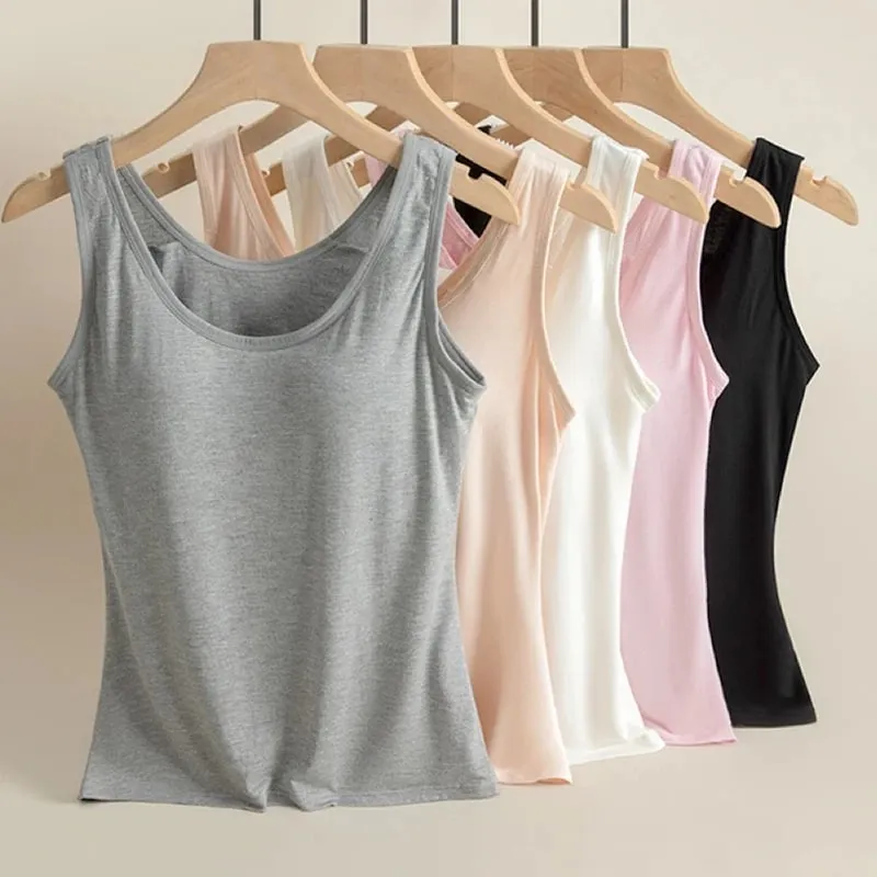 1pcs Women's Vest Tops Round Neck Vests Solid Color Padded Slim Fit Tank Tops Sexy Feminino Casual Tank Tops With Built In Bras — image 2