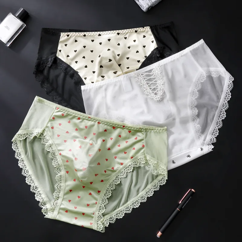 Sexy Lace Mens Briefs 3D Pouch Floral Edge High Elastic Sweet Heart Bow Print Mesh Splicing Underwear — image 5