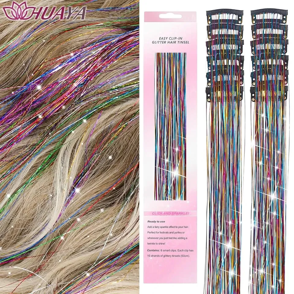 12Pcs/set Hair Tinsel Clip in Glitter Tinsel Hair Extensions Synthetic Shiny Sparkling Fairy Hair Tinsel Party Hair Accessories