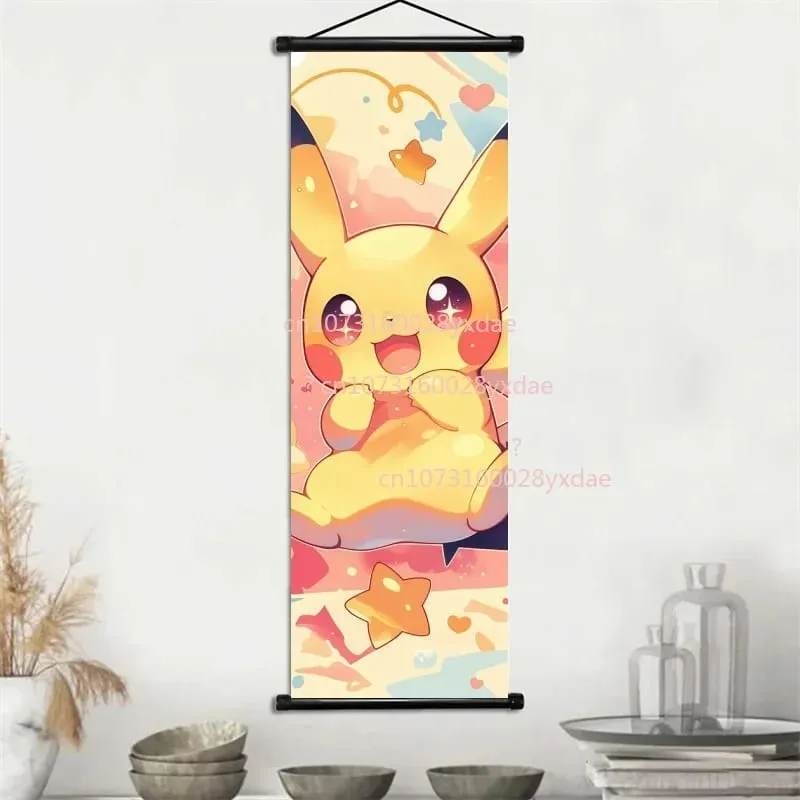 Classic Printed Pokemon Poster Cartoon Wall Artwork Gengar Squirtle Bulbasaur Pikachu Hanging Scroll Family Room Decoration