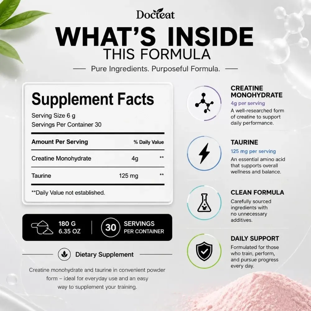 Creatine Monohydrate Taurine Powder 180g 30 Servings Muscle Strength Endurance Performance Workout Fitness Training Supplement — image 7