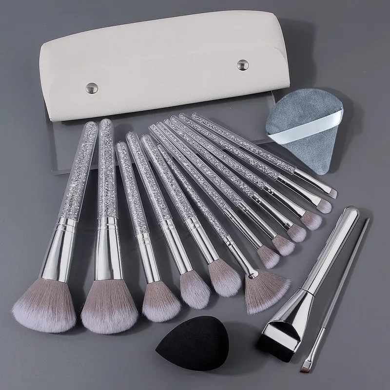 10/12/15/17pcs Professional Rhinestone Handle Makeup Brushes Set with Storage Bag Beauty Sponge Powder Puff for Face Eyes