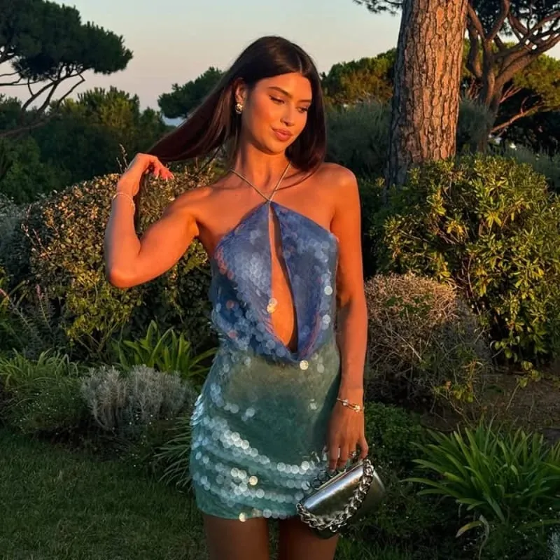 Kobiety Y2K cekinowa zroszony sukienka koktailowa seksowna świecąca zdobiona Rhinestone Mini sukienka brokat Backless lśniąca odzież klubowa — image 2