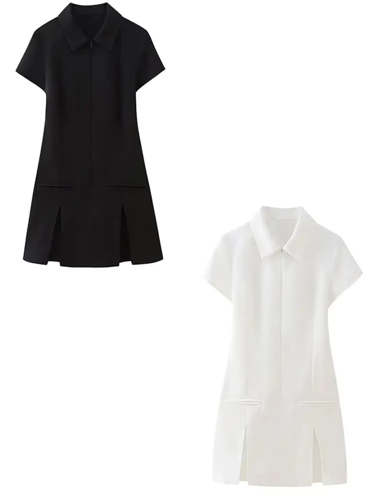 HH Summer Elegant Women Office Pleated Shirt Dress Short Sleeve Dresses Turn Down Collar Zipper Front Y2K Party Slim Mini Dress