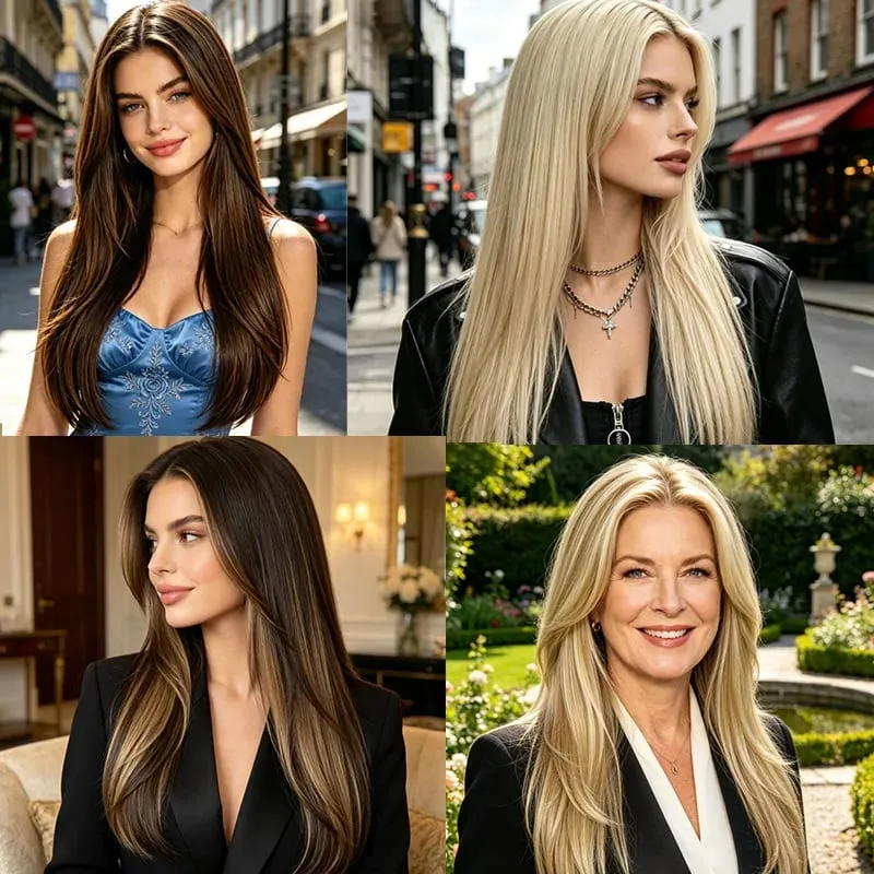 22 Zoll synthetische lange gerade geschichtete Clip-in-Haarverlängerung V-förmiges schwarzblondes unsichtbares Haarteil für Frauen
