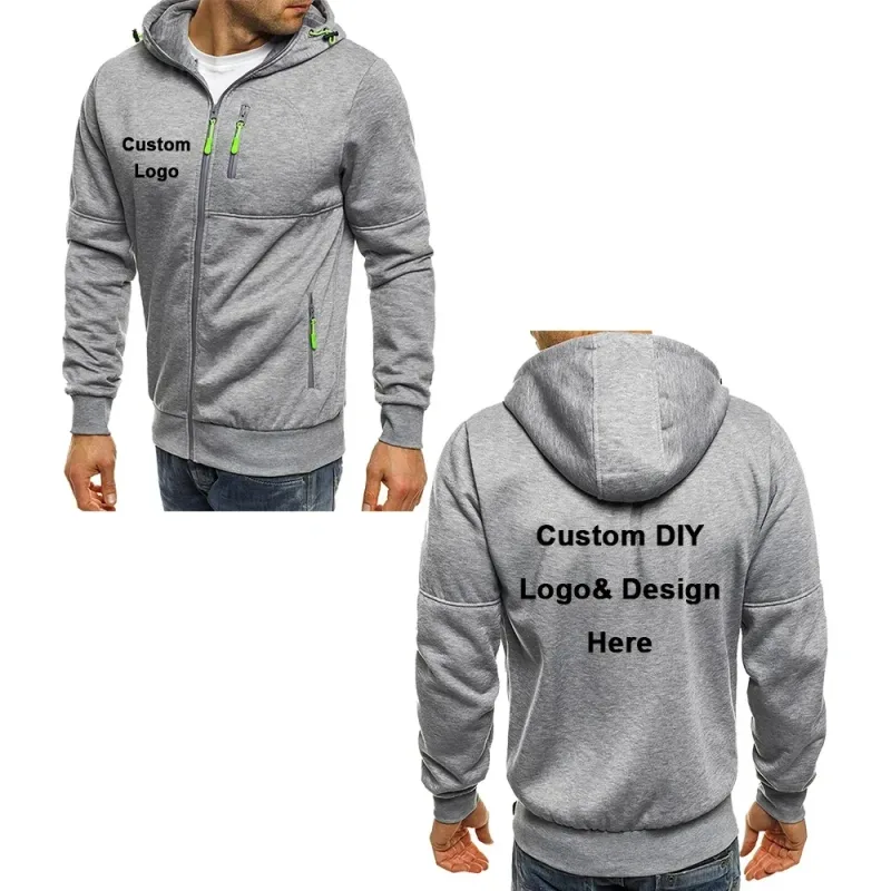 Men's hooded zipper jacket with pockets custom logo image text casual sports streetwear men's cardigan wool sweater fashion — image 7
