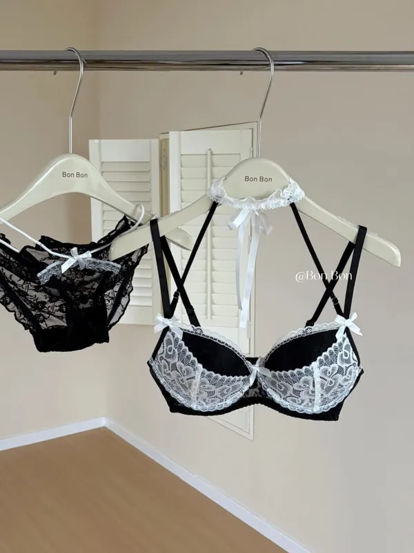 Halter Neck Lace Bra Panty Set French Style Women Lingerie Push‑Up Breathable Skin‑Friendly Daily Underwear tセクシーな — image 9