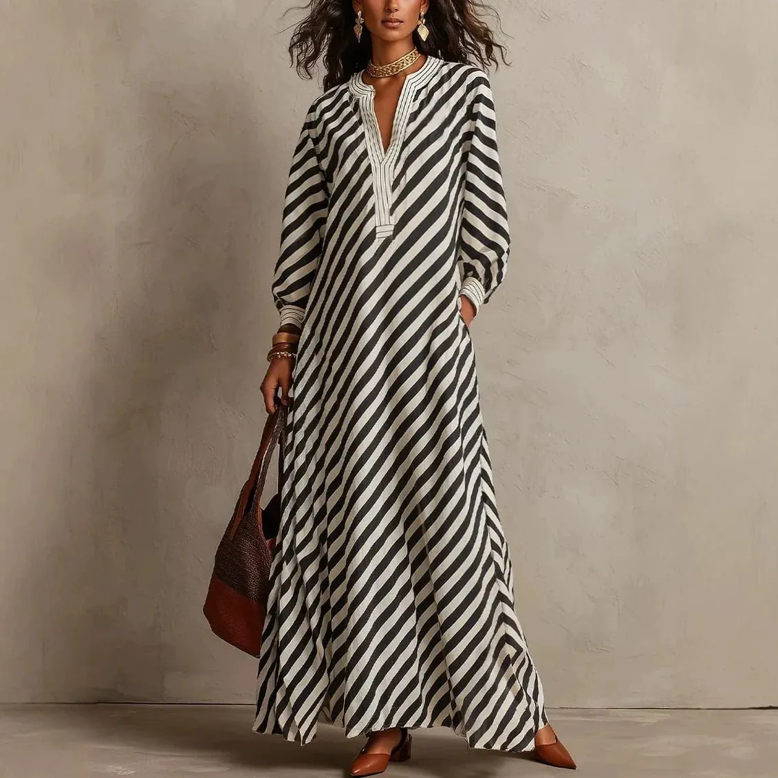 Fashion Stripe Print Maxi Dress 2026 Autumn Winter Women V‑Neck Long Sleeve Loose Casual Long Dresses Holiday Beach Boho Dress — image 1