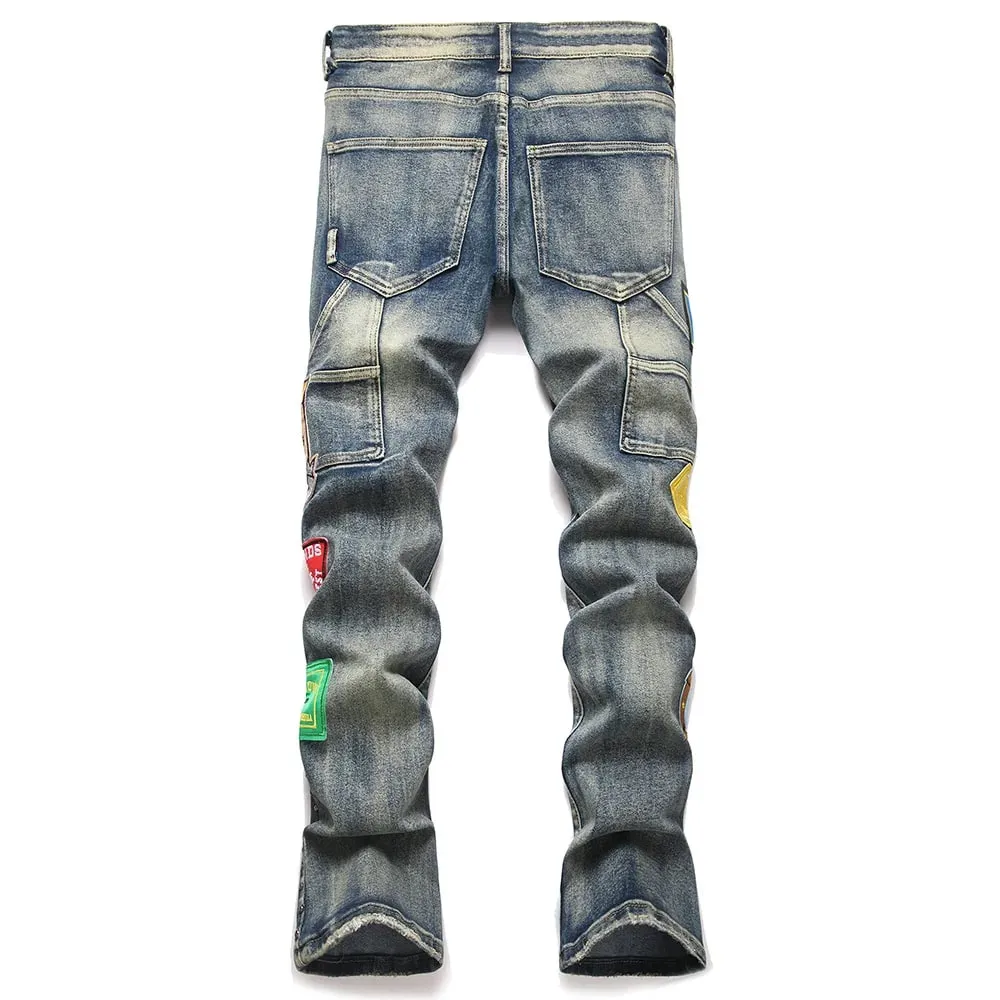 Men's Badge Patch Boot Cut Jeans Rivet Vintage Retro Blue Stretch Denim Pants Streetwear Slim Flared Trousers — image 2