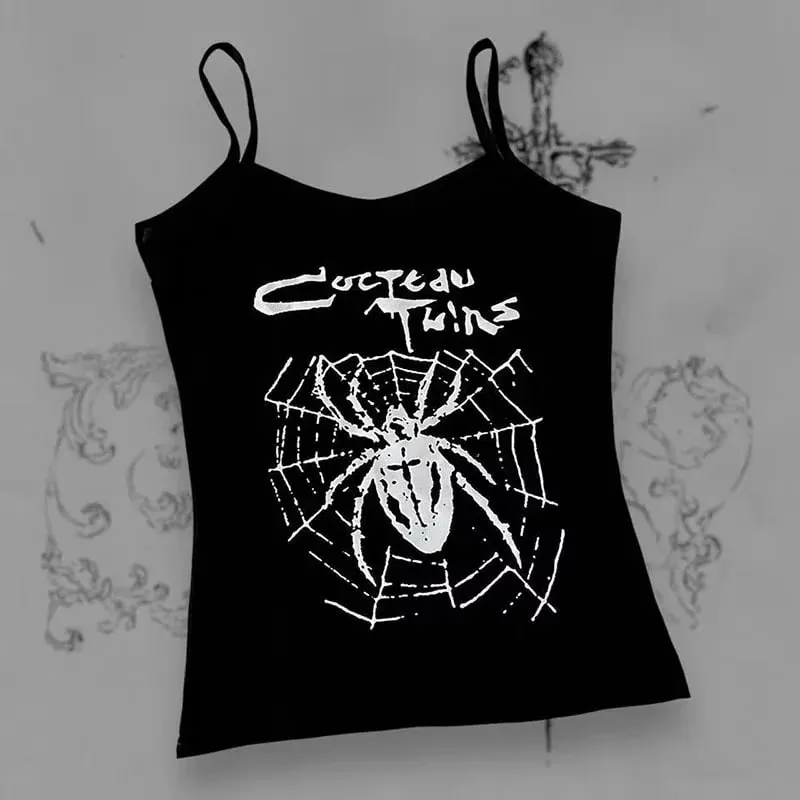 Pambabaeng Gothic Spider Web Print Cami Tank Top na walang manggas na Spaghetti Strap Y2K Slim Cropped Camisole Dark Punk Streetwear Tops — image 2