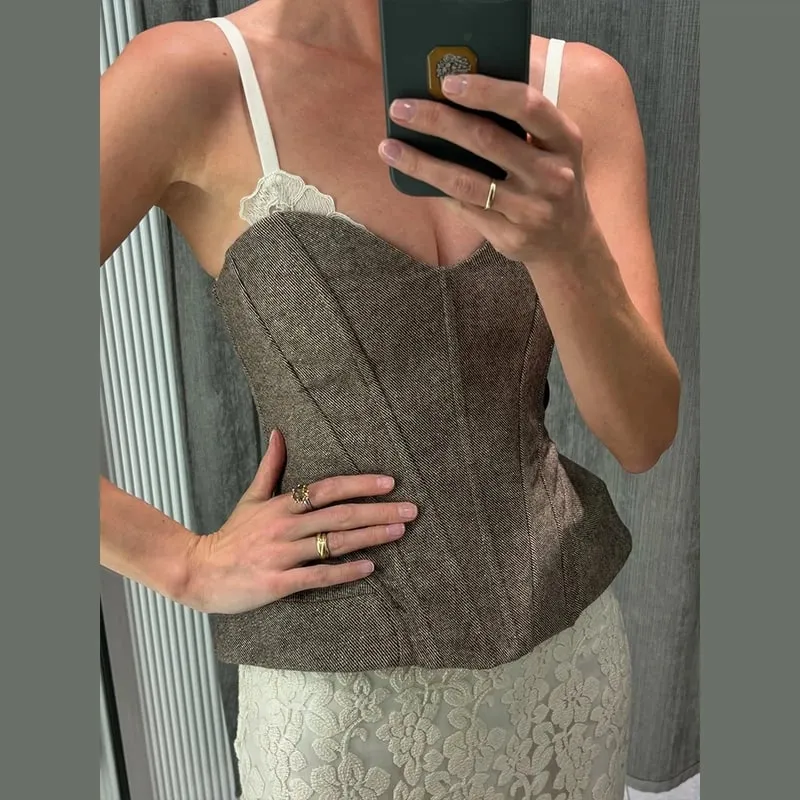 Floral Print Cami Corset Top Thin Straps U Neck Structured Waist Pointed Hem Vintage 2026 Spring Summer Vacation Lady Chic Top — image 11