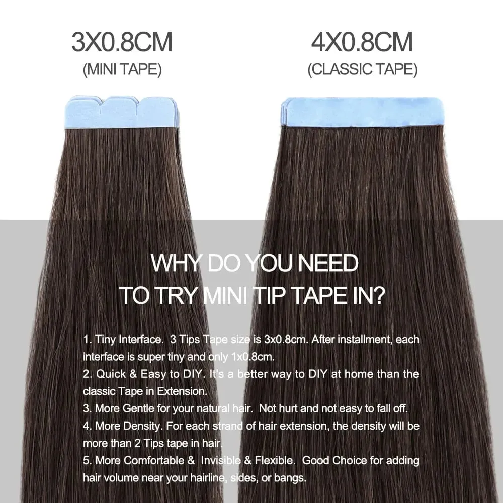 Mini Tape in Human Hair Extensions Natural Straight Tape in Extentions 3x0.8cm Invisible Tape 10pcs/pack For Side Hair