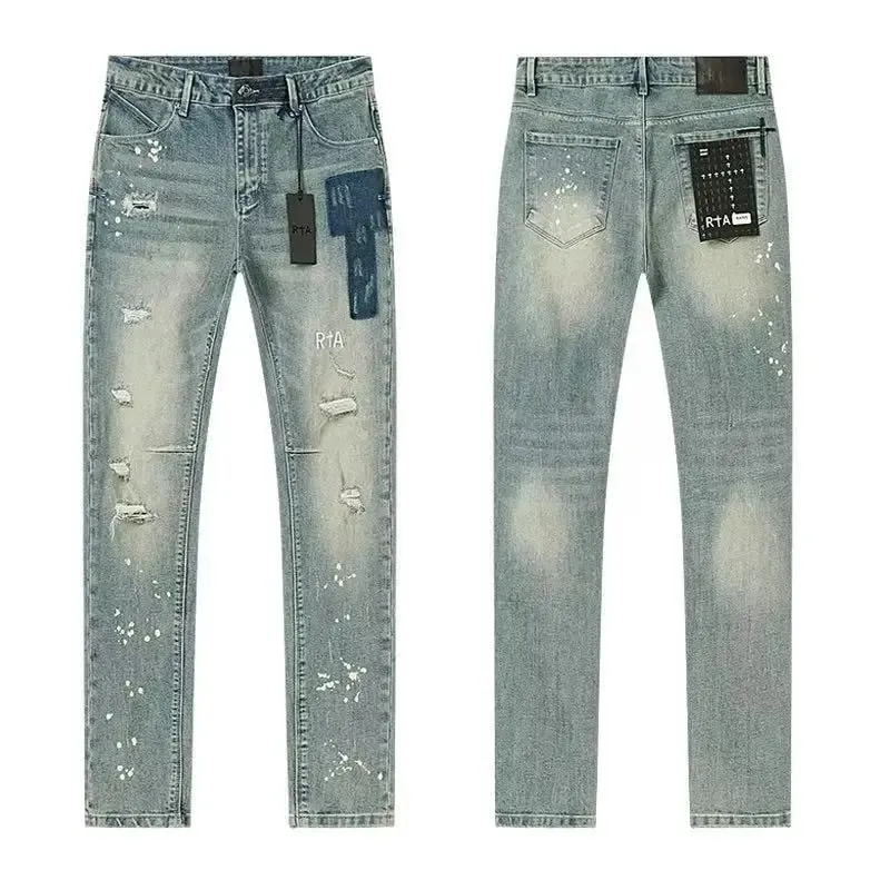 2026 RTA Men's Slim Fit Jeans Collection Distressed Ripped Paint Splatter Studded Patch Vintage Washed Streetwear Fashion Pants — image 5