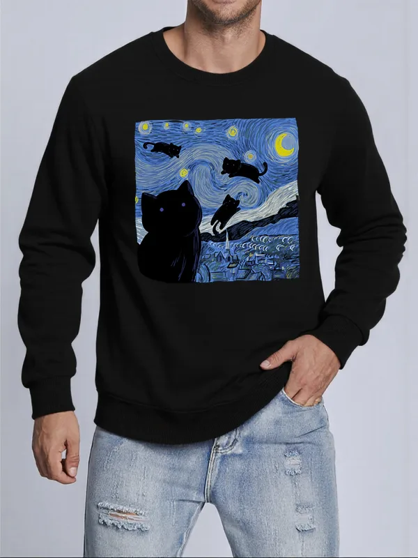 Van Gogh Starry Night Cat Printed Pullovers Unisex Thicken All-Match Sweatshirt Hip Hop Loose Hoodie Autumn Casual Sweatshirts — image 1
