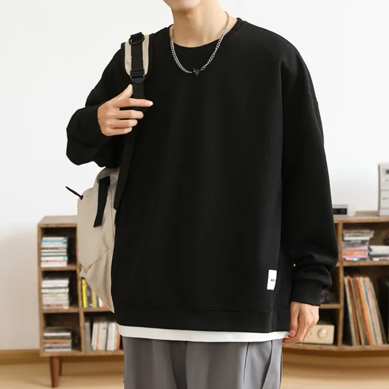 Loose for Fit Plaid Sweatshirt for Men with Long Sleeves Round Neck and Fake Two-Piece Visual Design for Everyday Use — image 16