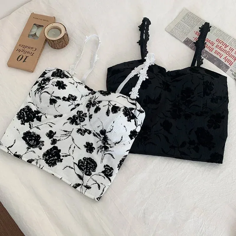 Women Sweet Elastic Camis Underwear Padded Bra Spaghetti Cute Crop Tops Print Tank Tops For Women Summer — image 8