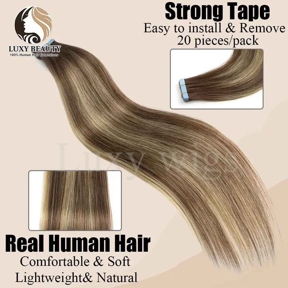 Highlights Brown Tape in Hair Extensions Human Hair Straight Black Blonde Seamless PU Skin Weft Tape In Hair Extensions 20PCS — image 3