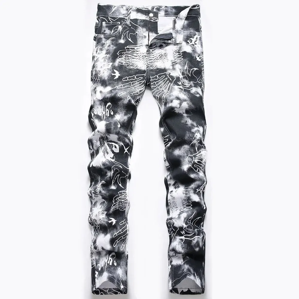 Men Skull Printed Jeans Fashion Devil Hand Pattern Denim Pants Black White Slim Straight Trousers