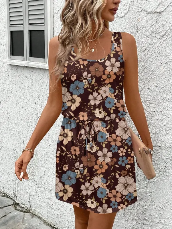 Women's Spring/Summer Casual Colorful Striped Sleeveless Dress - Imitation Drawstring Waist - Suitable for Daily Wear Beach Vacation Dress