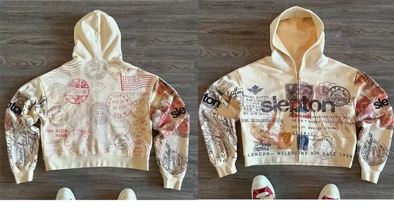 Sweat-shirt à capuche avec fermeture éclair pour homme et femme, imprimé abricot, lettres de dessin animé, mode multifonctionnel rétro Y2K High Street