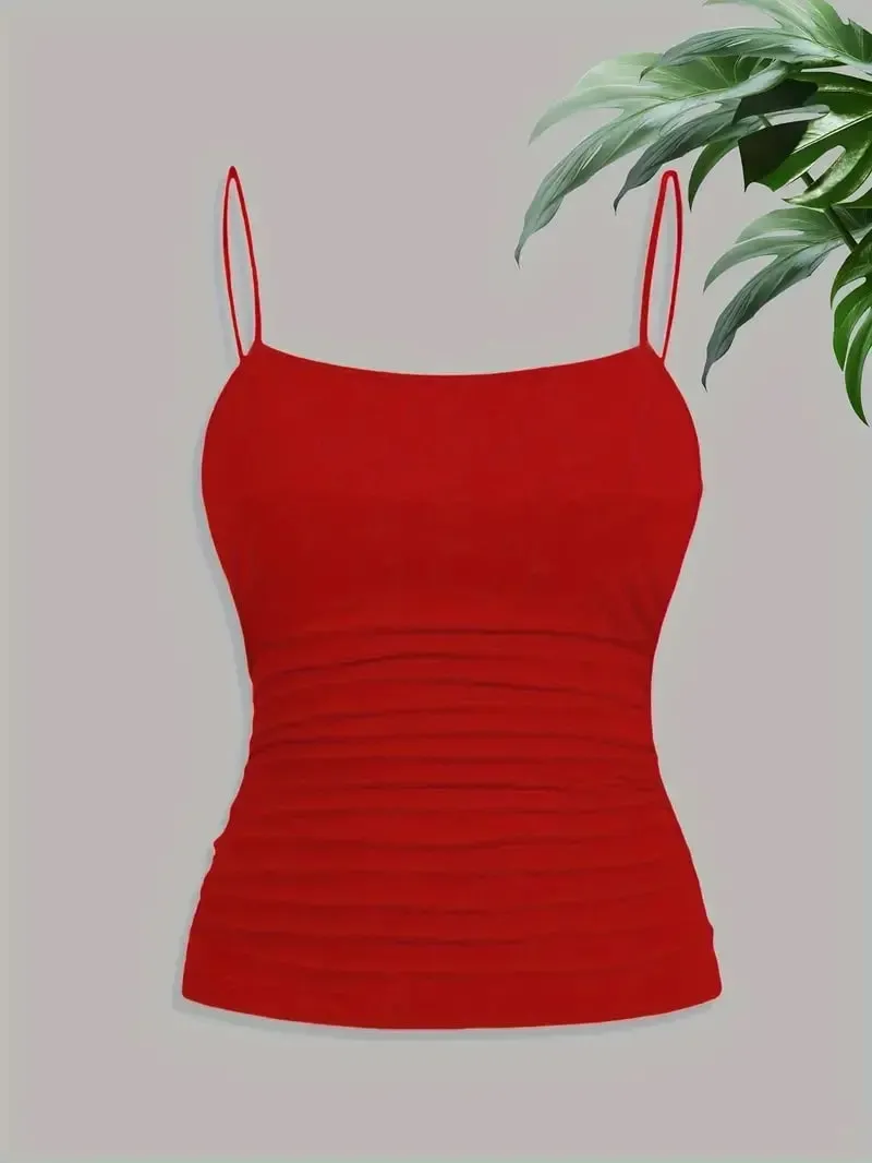 Women Elegant Thin Strap Ruched Cami Top Slim Fit Sleeveless Camisole Soft Stretch Basic Tank Vest Summer Fashion Underwear Blac — image 2
