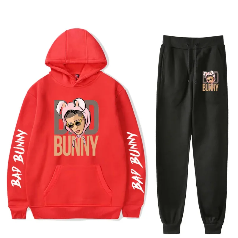 Harajuku Comfortable Funny bad bunny Print Sweatshirt Sweatpants Suit Men/Women Hoodies+ Trousers Suit Cute 2 Piece Set Clothes — image 26