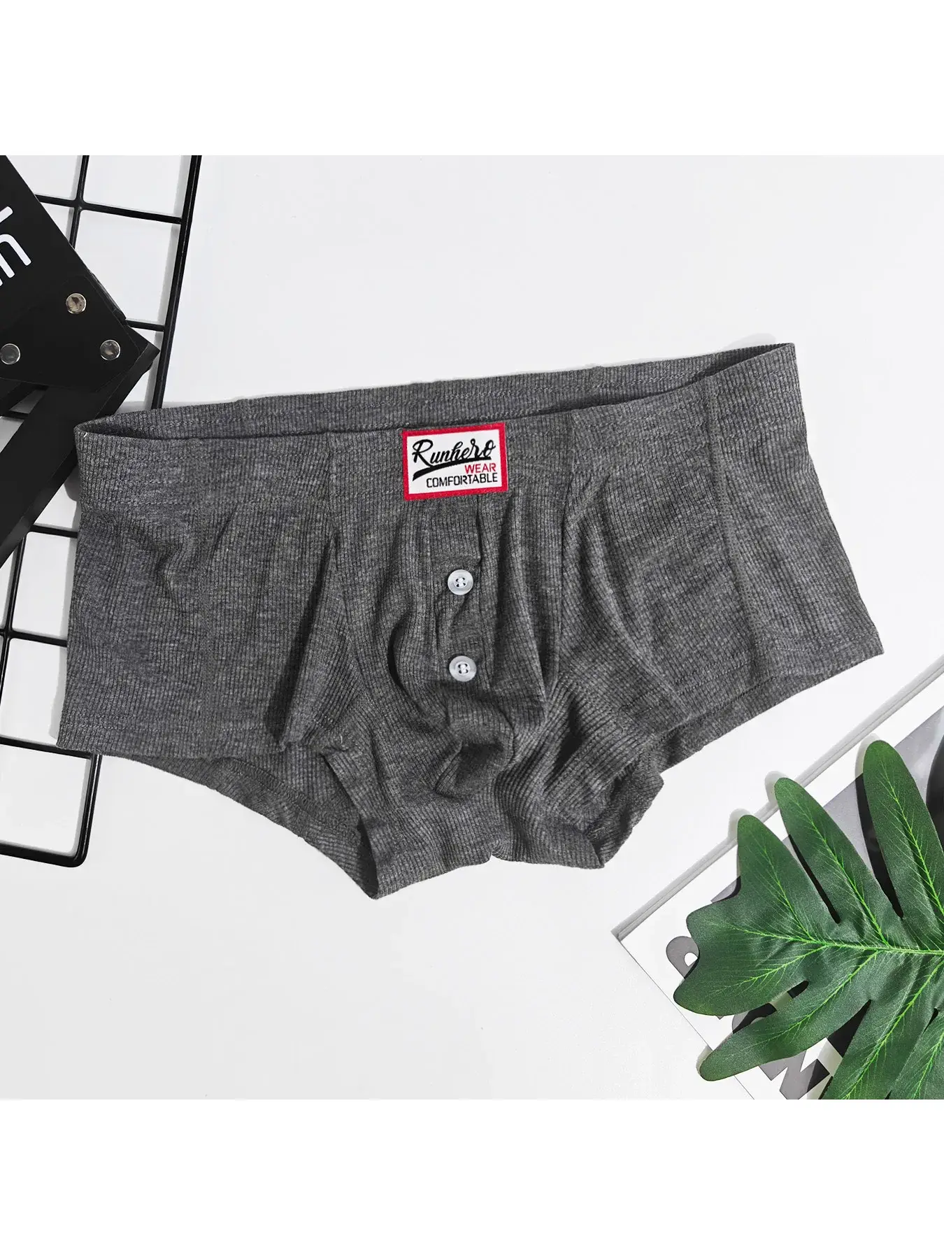 Men's Flat Underwear, Made of Synthetic Viscose, High Elasticity, Raised, Button Decoration, Comfortable Slim Fit Solid Color — image 9