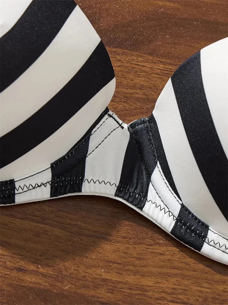 Sexy Lingerie Black and White Stripes Lingeries Set Steels Ring Push Up Bra Underwear Set Elegant Intimate Lingerie for Woman — image 4