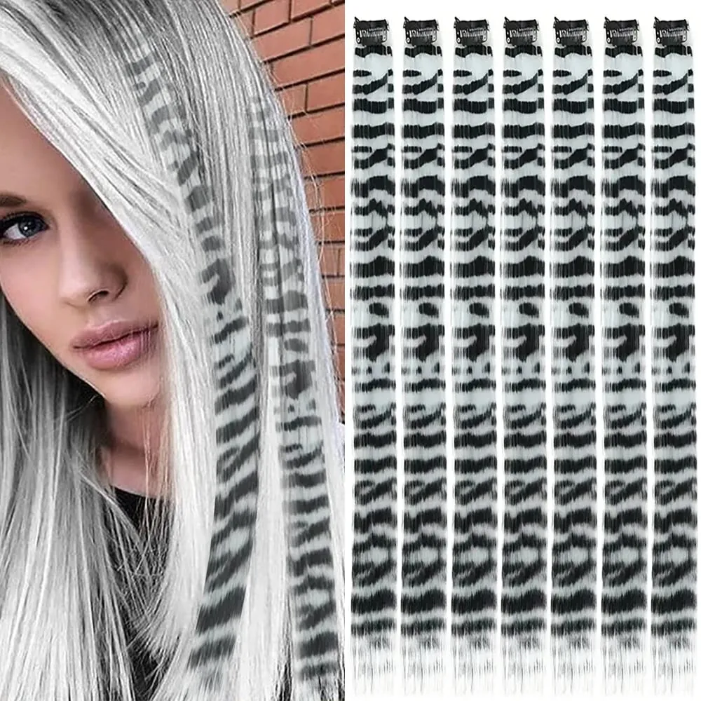 18' 7 Pcs Rainbow Long Straight Zebra Print Synthetic Feather Clip in Hair Extensions for Women Ideal Halloween Christmas — image 12