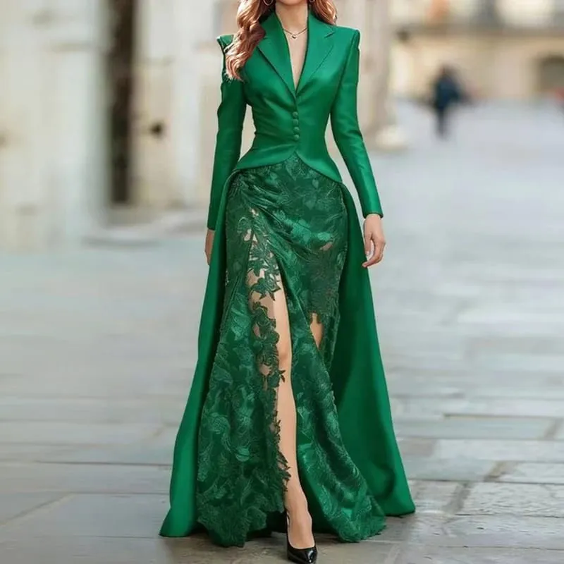 Autumn Women's Lapel Button Top and Skirt Two Piece Set Lace Patchwork Slim Fit Party Suit Elegant Solid Formal Occasion Outfit