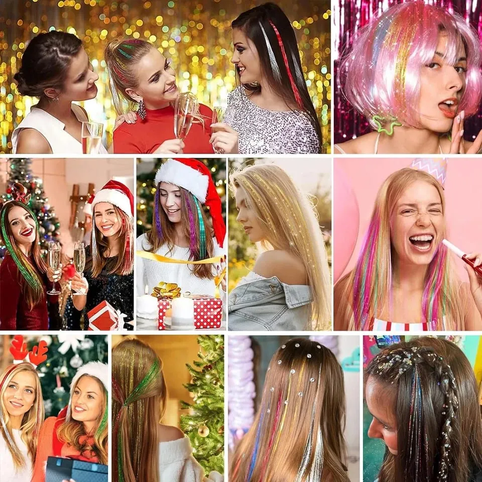 Long Straight Hair Tinsel Glitter Shiny Sparkly Synthetic Color Fresh Laser Clip in Hair Extensions Women Party Hair Accessori — image 7